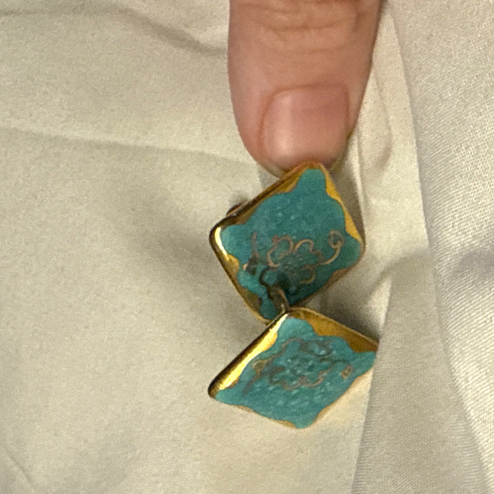 Vintage Blue Enamel Square Floral Clip-On Twist Back Earring