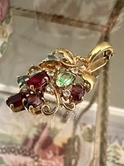 Vintage Gold Tone Fruit Salad Grape Cluster Pendant Prong Set Rhinestones 1 1/2”