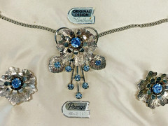 Vtg Pendant Brooch Pin & Earrings Blue Rhinestone Silver Tone Design by Anthony
