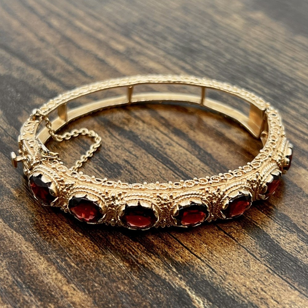 VTG Sydney Berman 13k Yellow Gold Ornate Almandine Garnet 6.5″ Bangle Bracelet