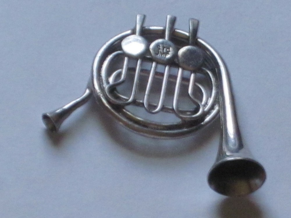 vintage ornate French Horn marked STC JMP ? sterling silver figure