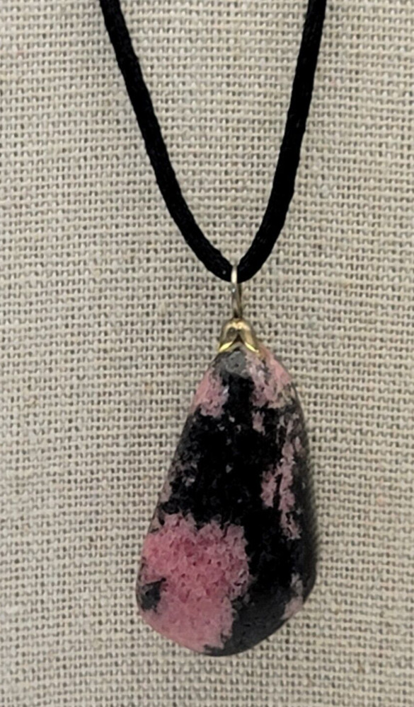 Vintage Rhodonite Stone Pendant Leather Cord Necklace 18 Inch Spring Ring Clasp