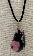Vintage Rhodonite Stone Pendant Leather Cord Necklace 18 Inch Spring Ring Clasp