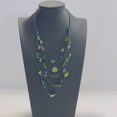 Necklace Green Blue Acrylic Glass Beads Black Wire Like Chain 11″ Faceted