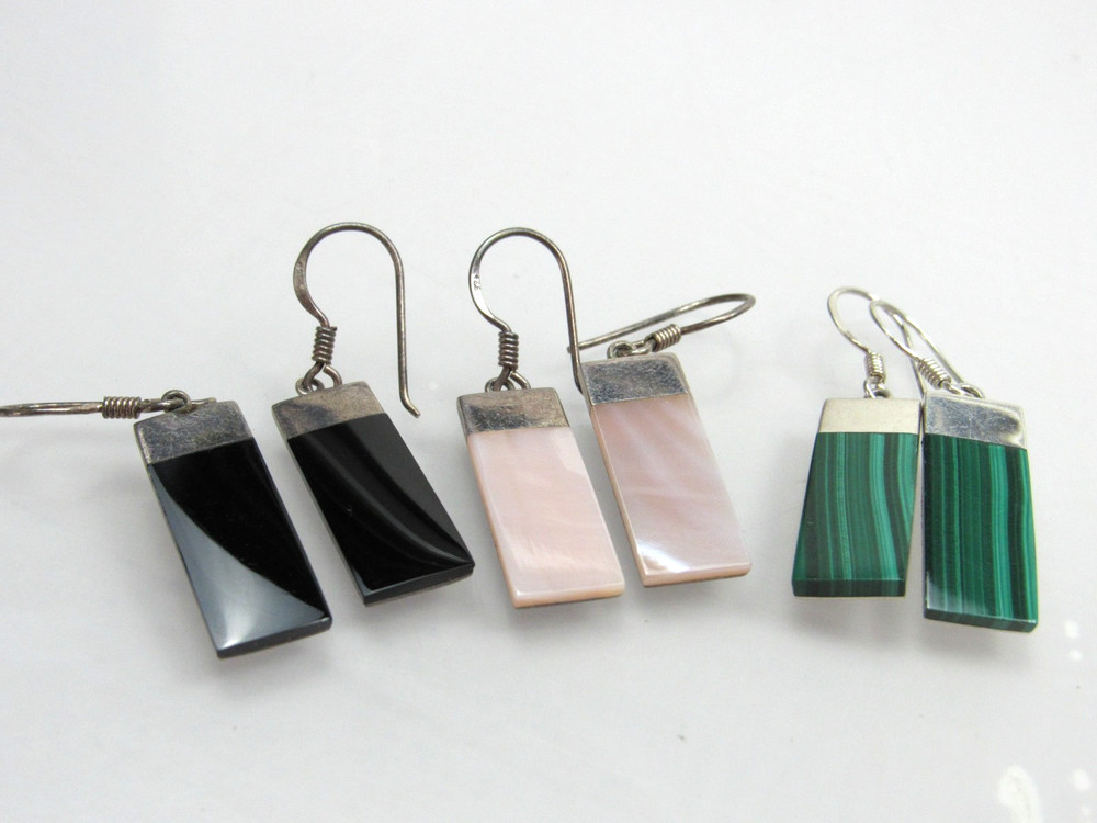Vintage BOMA Sterling Silver Earrings Malachite Onyx Mother of Pearl Dangle 925