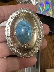 Vintage Turquoise Set Brooch & Earrings In Silver Plated Metal