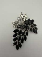 Vintage Jet Black Navettes Floral Spray Rhinestone Accent Silver Tone Brooch