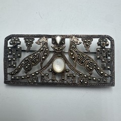Rare Antique Art Deco Sterling Silver Marcasite MOP Cats Brooch 2.5in 13.8g