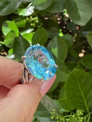 VINTAGE LARGE OVAL CUT BLUE TOPAZ SOLITAIRE RING 925 STERLING SILVER STATEMENT