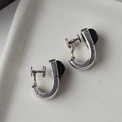 Vintage 925 Sterling Silver & 18 K Gold Black Onyx Screw-back Modernist Earrings