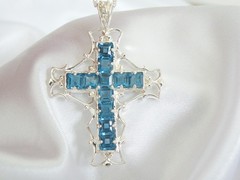 Large Sterling Silver 925 Heated London Blue Topaz Cross Pendant Necklace
