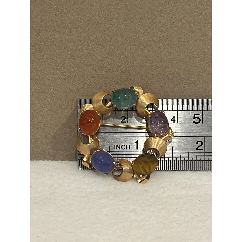 Vintage Binder Brothers BB 12K Gold Filled Wreath Brooch Carved Scarab Gemstones