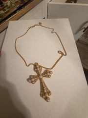 Vintage Gold Tone Filigree 3.5 “ inch Cross Pendant Necklace with Faux Pearls