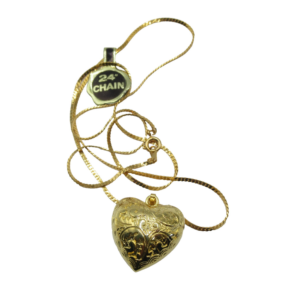 Carved Brass Puffed Heart Vintage Pendant Necklace Long Chain NWT MCM Unworn