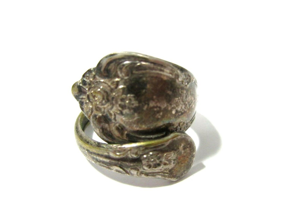 SPOON RING SILVER TONE PLATED METAL VINTAGE WM ROGERS ONEIDA CORP FLOWER ROSE 2