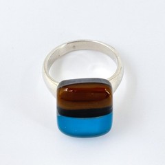 Vintage Ross Simons Sterling Silver 925 Blue Brown Black Fused Glass Ring Size 7