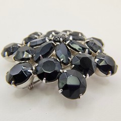Vintage Black Glass Rhinestone Flower Brooch Pin Silver Tone Art Deco Style
