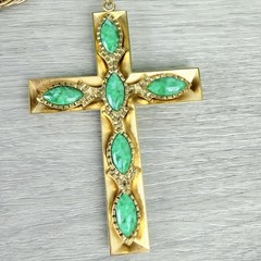 Vintage Whiting Davis Gold Tone Chunky Cross Faux Stones Long Pendant Necklace