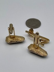Vintage Shields Gold Tone Fleur-de-lis Cufflinks Tie Clip Set Amber Glass MCM