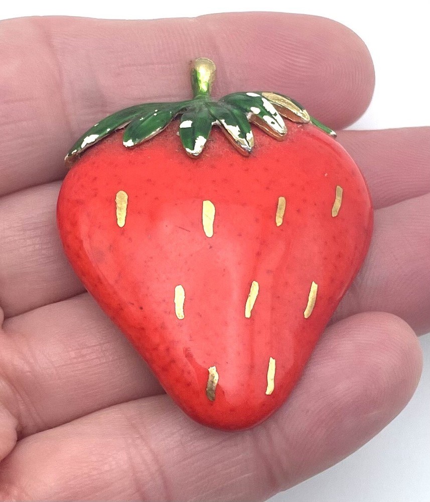 Strawberry Brooch Signed Lind Gal LG Painted Porcelain Signed Vintage Jewelry