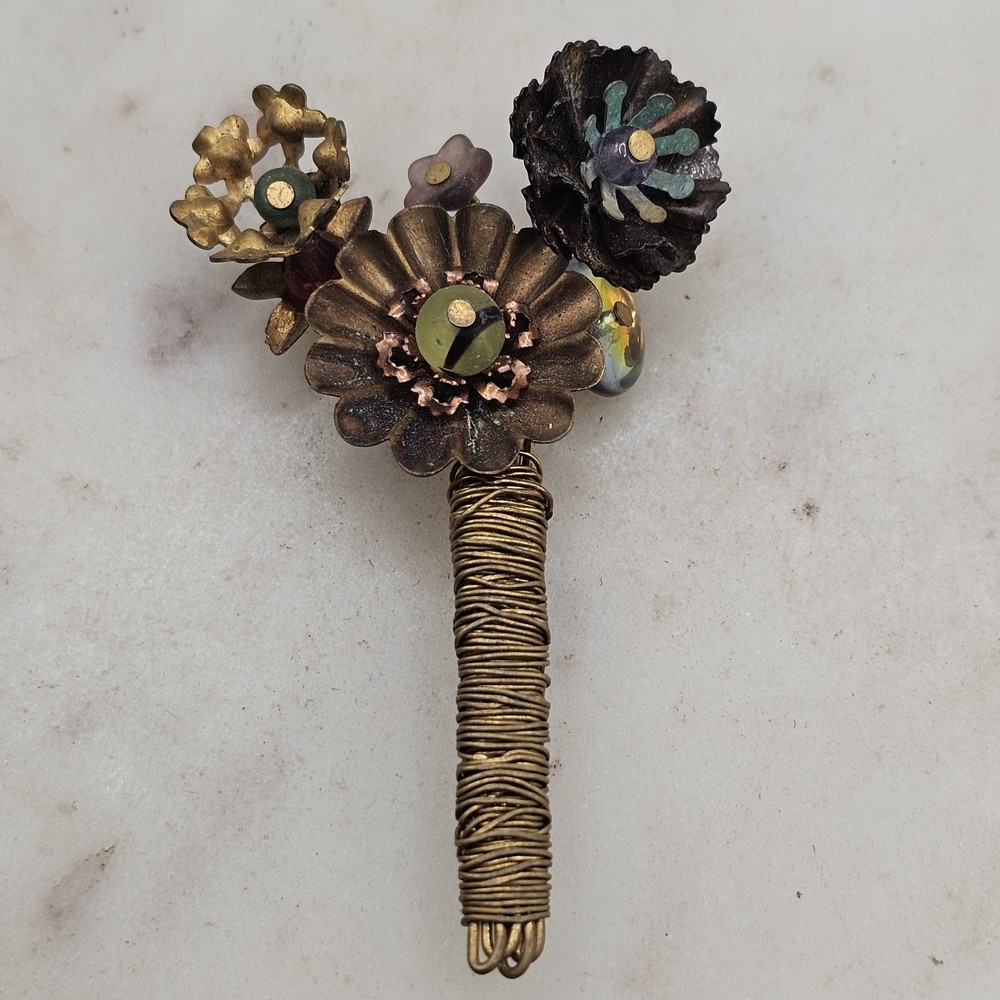 Vintage Repurposed Floral Bouquet Brooch Mixed Metal Lampwork Bead OOAK Handmade