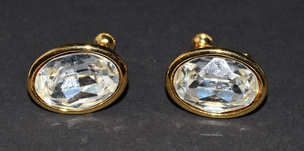 Vintage Napier Large Clear Crystal Gold Tone Adjustable Clip Hinge Earrings