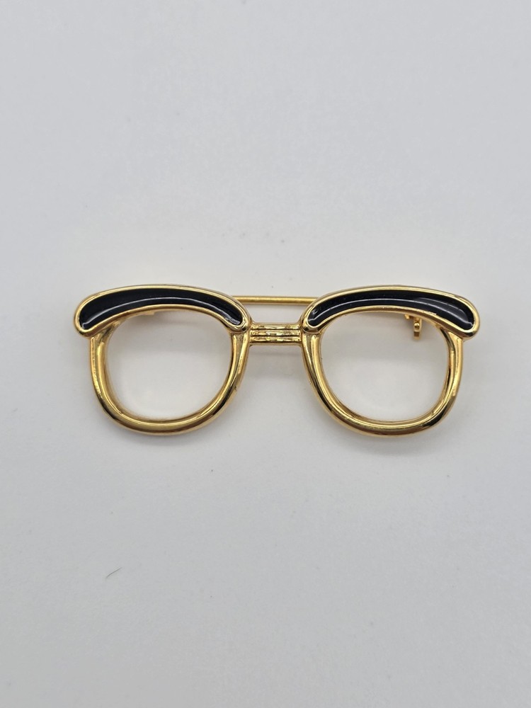 Gold Tone Black Enamel Glasses Eyeglasses Pin Costume Jewelry