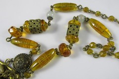 Old Czechoslovakia Art Glass Amber&Brass Beaded Necklace Large Filigree Pendant