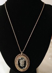 Necklace Carved Glass Cameo Warner Pendant Rhinestones Orig 23″ Chain Vintage