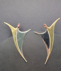 Sterling Silver 925 Abstract Drop Earrings Modern Sculptural Red Accent 6g