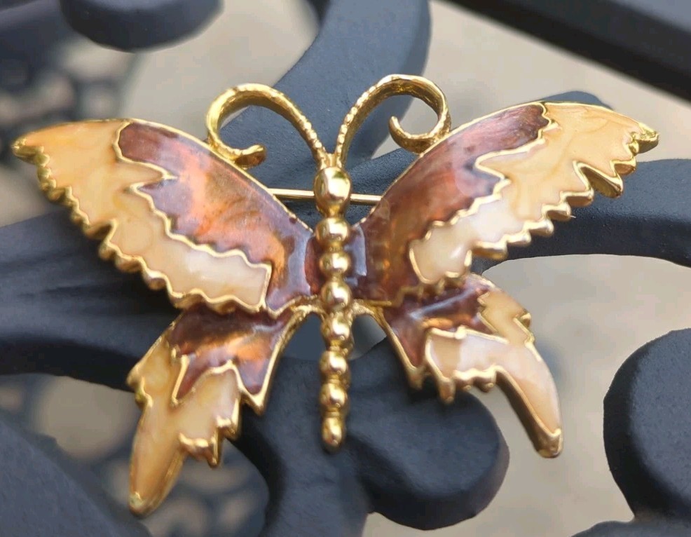 Vintage 90’s AAi Gold Tone Bronze Brown and Beige Enamel Butterfly Brooch Pin