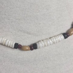 Puka Shell Necklace White Heishi Beads with Tan, Black & Burgundy Accent Beads