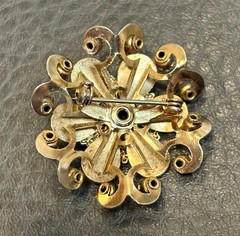 Vintage Faux Amethyst Guilloche Enamel Rhinestone FLOWER Shaped Pin Brooch