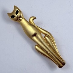 Vintage AJC Green Eyed Cat Brooch Matte Gold Tone Pin