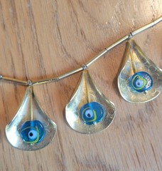 Vintage Necklace Leaf Shaped Pendants with Peacock / Evil Eye Bead