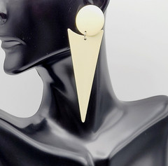 Minimalist Geometric Long Drop Dangle Metal and Cream Enamel Vtg 1980s Earrings
