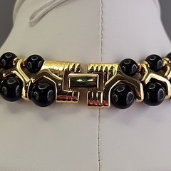 Vintage Beaded Necklace Black Gold Tone Collar Choker SHORT 14.5″