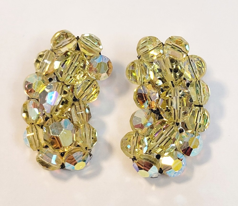Vintage Yellow Glass Crystal Beads Cluster Earrings