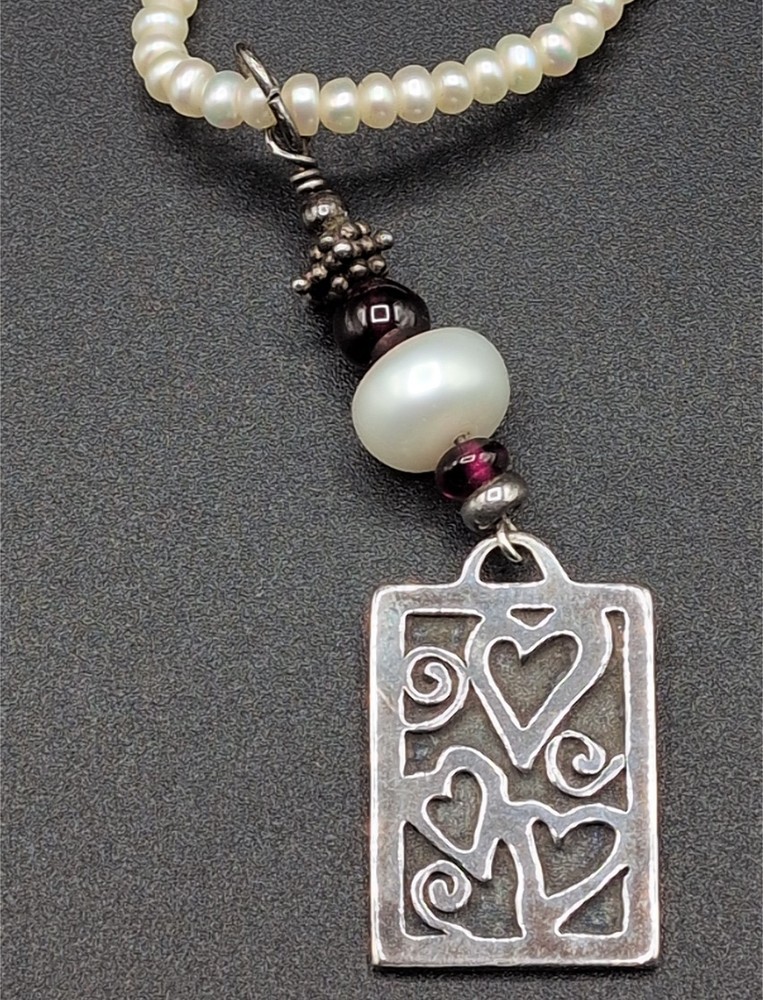 Vintage Necklace Sterling Silver Hearts Pearls Red Beads Love Valentines Day
