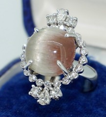 Unusual Cat’s eye Watermelon Tourmaline & Diamond 14K Ring