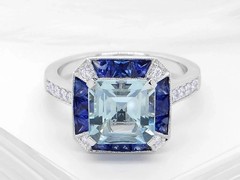 Art-Deco Style Lab Created Aquamarine Sapphire Engagement 14K White Gold FN Ring