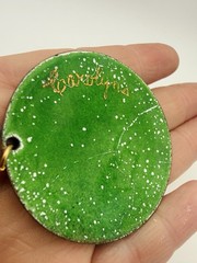 Vintage Modernist Enamel On Copper Brooch Pendant Green Signed Carolyn MCM