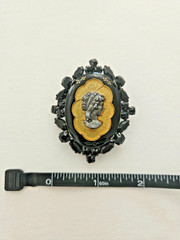 Vintage Mourning Style Cameo Brooch Black Jet Rhinestone Victorian Revival Goth