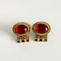 Vintage Red Glass Cabochon Gold Tone Oval Bullet Back Cufflinks
