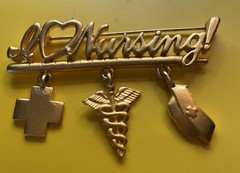 Vintage JJ Jonette GoldTone Pin Brooch I Love Nursing Dangle Charms J07