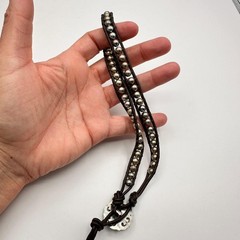 Vintage 90s Choker Necklace Silver Tone Ball Bead Brown Leather Boho Jewelry Y2K