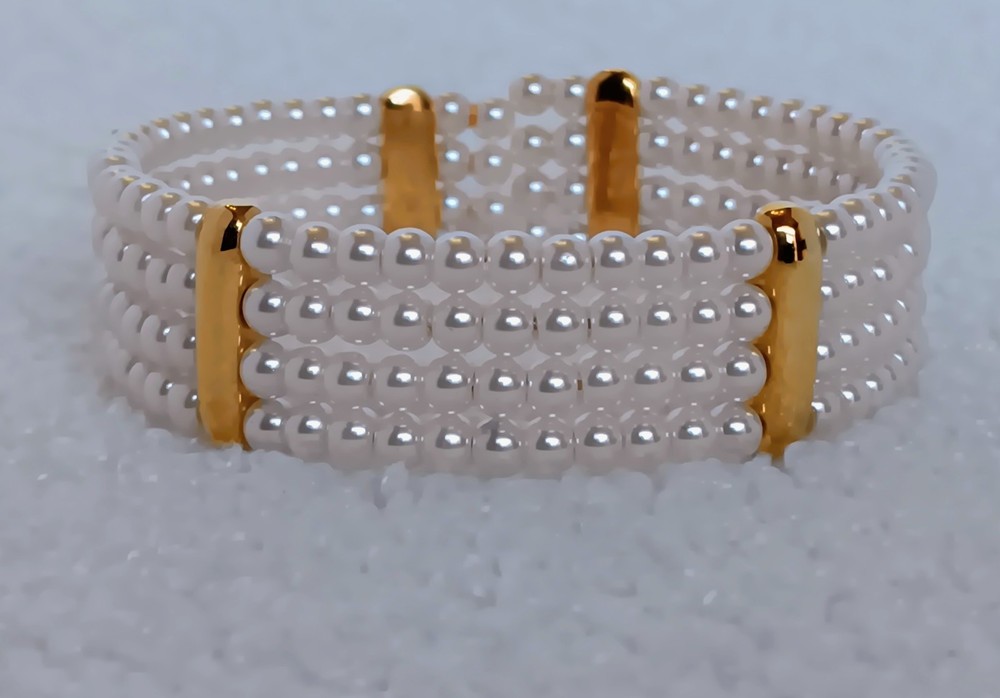 Vintage 4 Strand Faux Pearl Goldtone Tension Cuff Bracelet 7.5 in