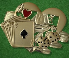 VTG AJC Brooch Pin Queen of Hearts Royal Flush Chips Dice Goldtone Enamel &Bonus