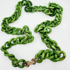 Vtg Marbled Celluloid Link Necklace Faux Green Jade Fancy Clasp