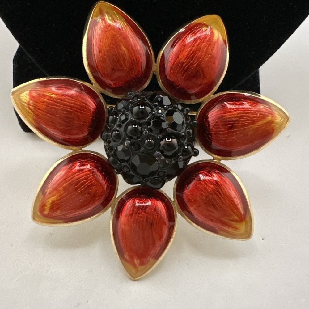 Vintage Swarovski Flower Brooch Red Enamel Black Swarovski Crystals Gold Tone